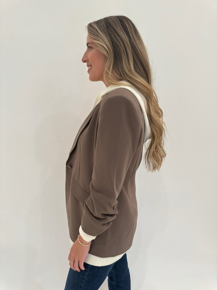 Cinq a Sept Sweater Knit Khloe Long Sleeve Blazer in Taupe/Ivory available at Barbara Katz