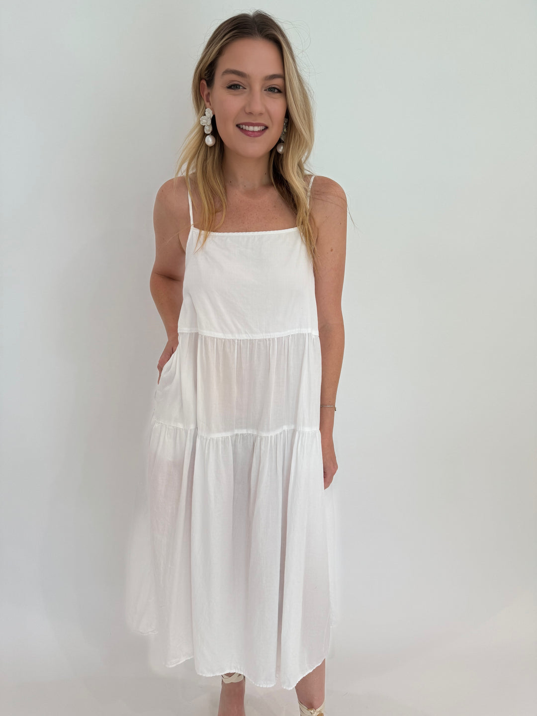 Enza Costa White Cool Cotton Strappy Tiered Dress