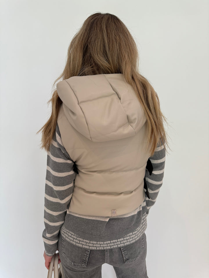 Adroit Atelier Lola Quilted Full Zip Hooded Vest in Oak with Oui Striped Sweater underneath available at Barbara Katz