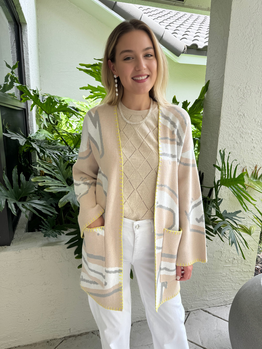 Kerri Rosenthal Blankie Love Cardigan in Birch with Autumn Cashmere Diamond Stitch Tee underneath, paired with MAC Dream Wide Wonderlight Jeans 32" in White Denim