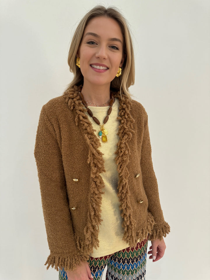 Marella Rovo Fringe Jacket in Camel with Vilagallo Gold Tee underneath available at Barbara Katz