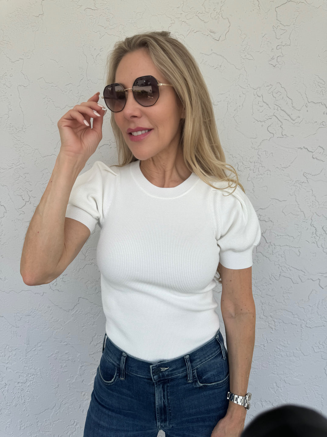 Marella Anfora Sweater in White, made from viscose-blend fabric, featuring rib-knit round neckline, short puff sleeves, rib-knit hem trims, and slim fit