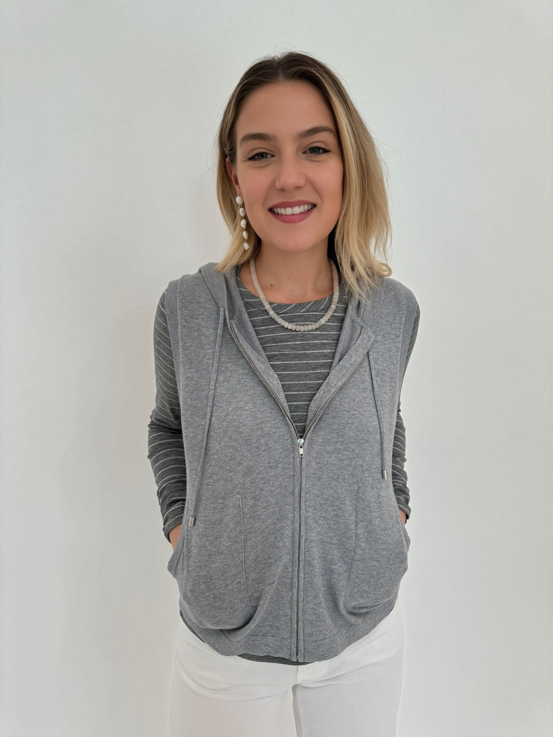 Elliott Lauren Zip Front Hoodie Vest in Heather Grey with Grey Shimmer Stripe Long Sleeve Top underneath