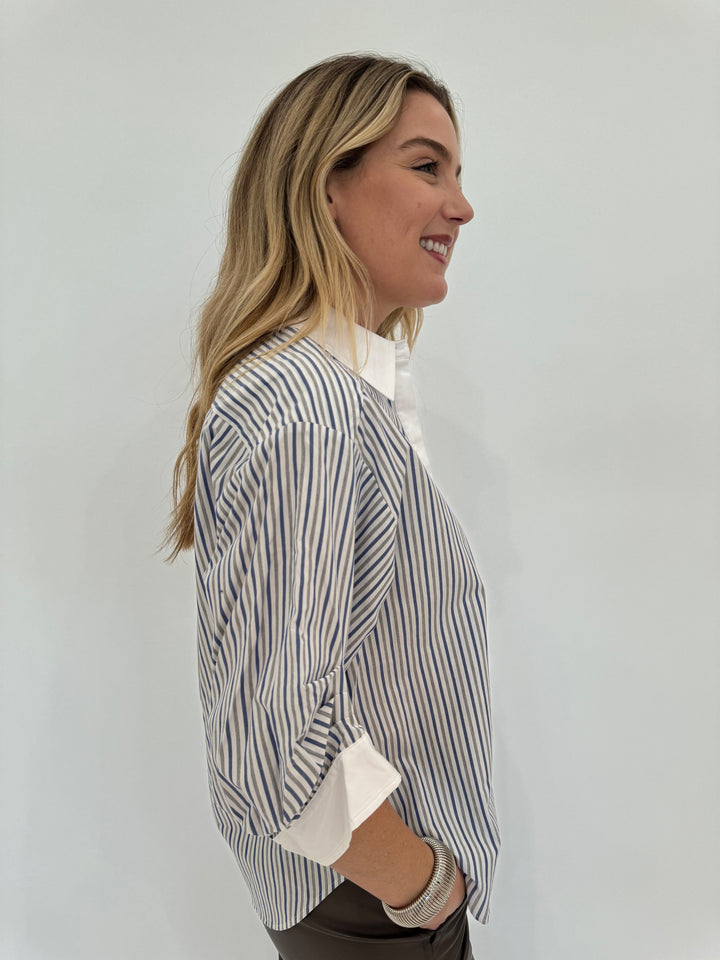 Simkhai Gemma 3/4 Sleeve Shirt in Cool Gray Stripe available at Barbara Katz