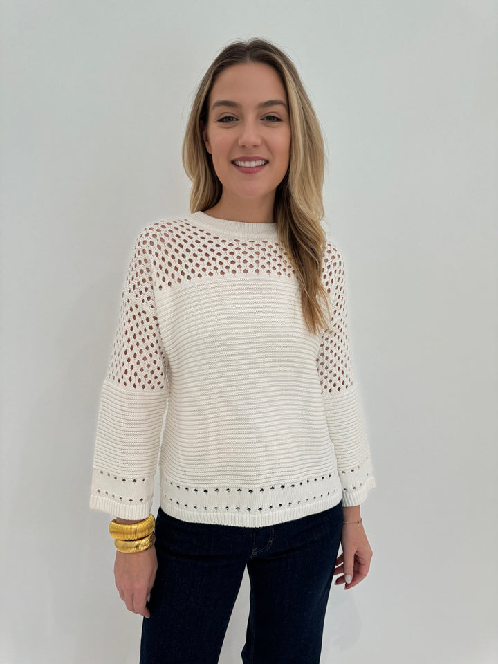 Autumn Cashmere Boxy Crew Sweater With Mesh Yoke in Bleach White