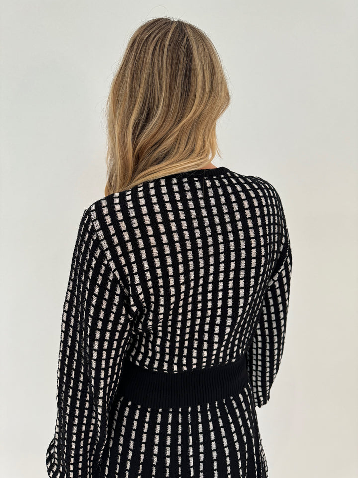 Maria Pavan Black/White Long Balloon Sleeve Top paired with matching Short Skirt available at Barbara Katz