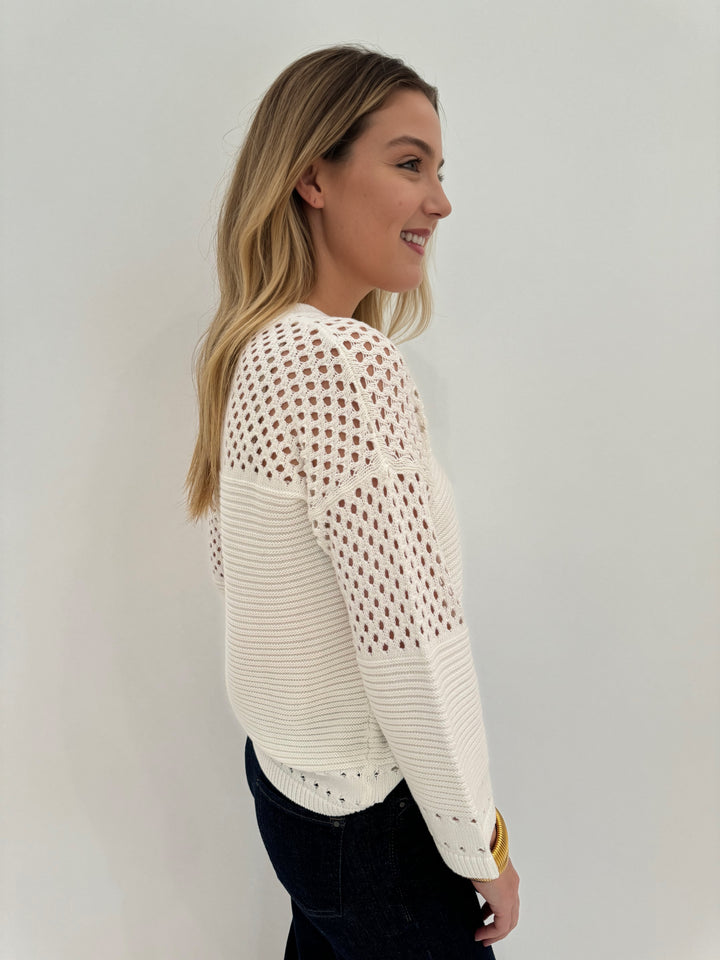 Autumn Cashmere Boxy Crew Long Sleeve Sweater With Mesh Yoke in Bleach White