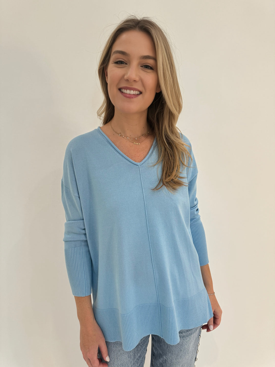 BK Selena Roll V-Neck Sweater in Alaskan Blue available at Barbara Katz