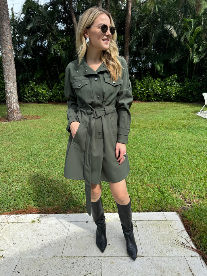 Max Mara Weekend Brioso Utility Dress in Dark Green with Le Specs Neptune Deux Sunglasses and Alexis Bittar Silver Molten Puffy Teardrop Post Earrings available at Barbara Katz