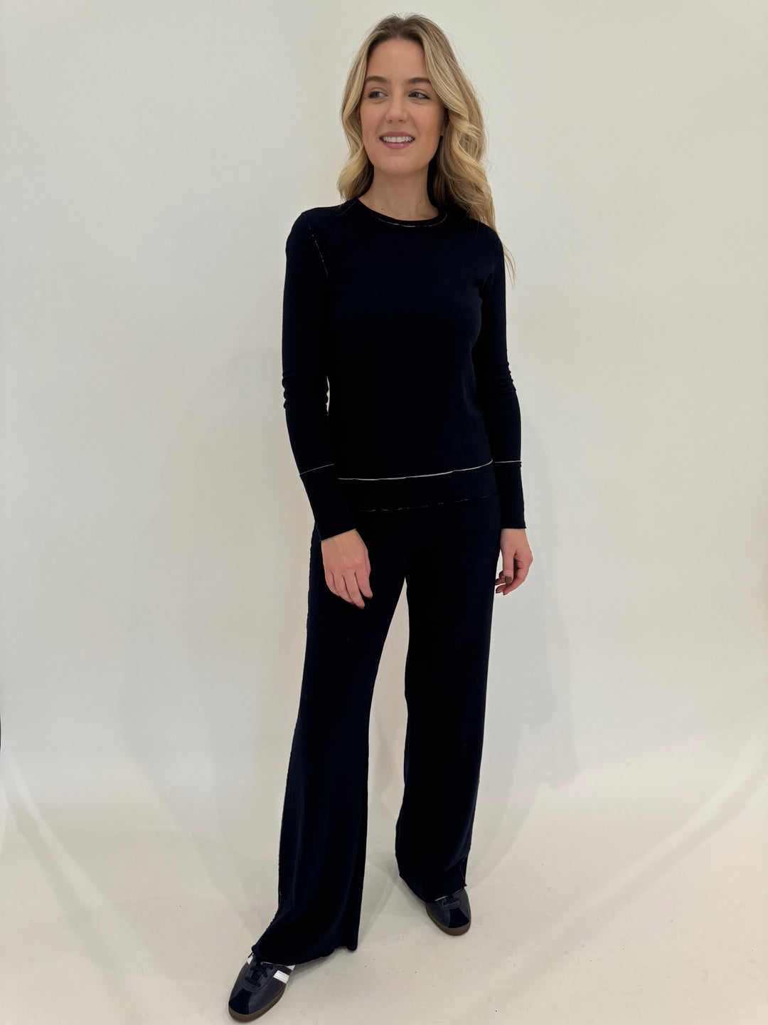 Goldie Stella Double-Faced Long Sleeve Top in Navy/Gray paired with matching Stella Double-Faced Flare Pants available at Barbara Katz