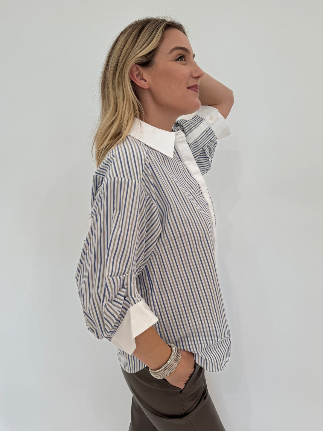 Simkhai Gemma Three-Quarter Sleeve Shirt in Cool Gray Stripe with BK Cobra Silver Bracelet available at Barbara Katz