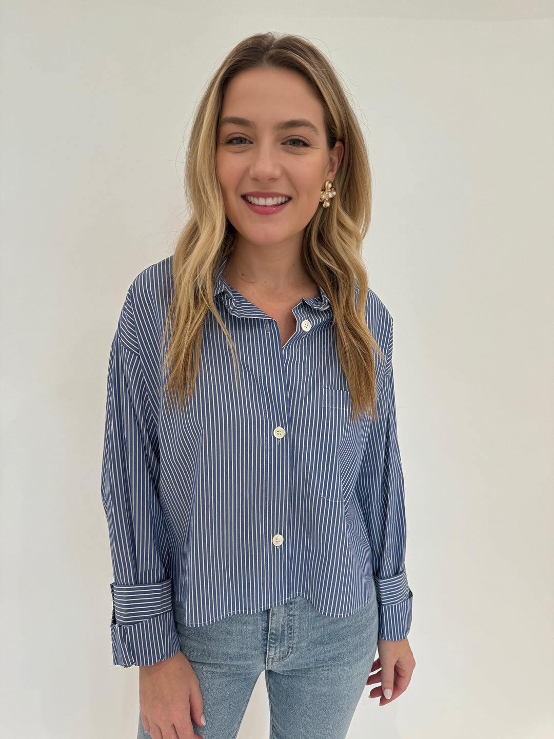 Repeat Button Down Stripe Blouse in Blue Stripe