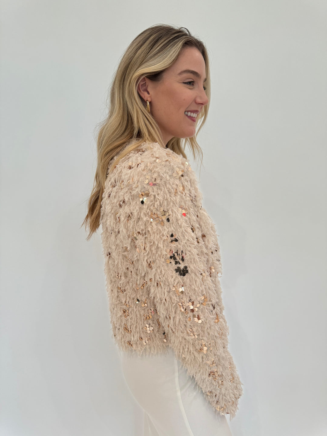 Oui Feather Optics Long Sleeve Party Jacket in Off White/Camel available at Barbara Katz