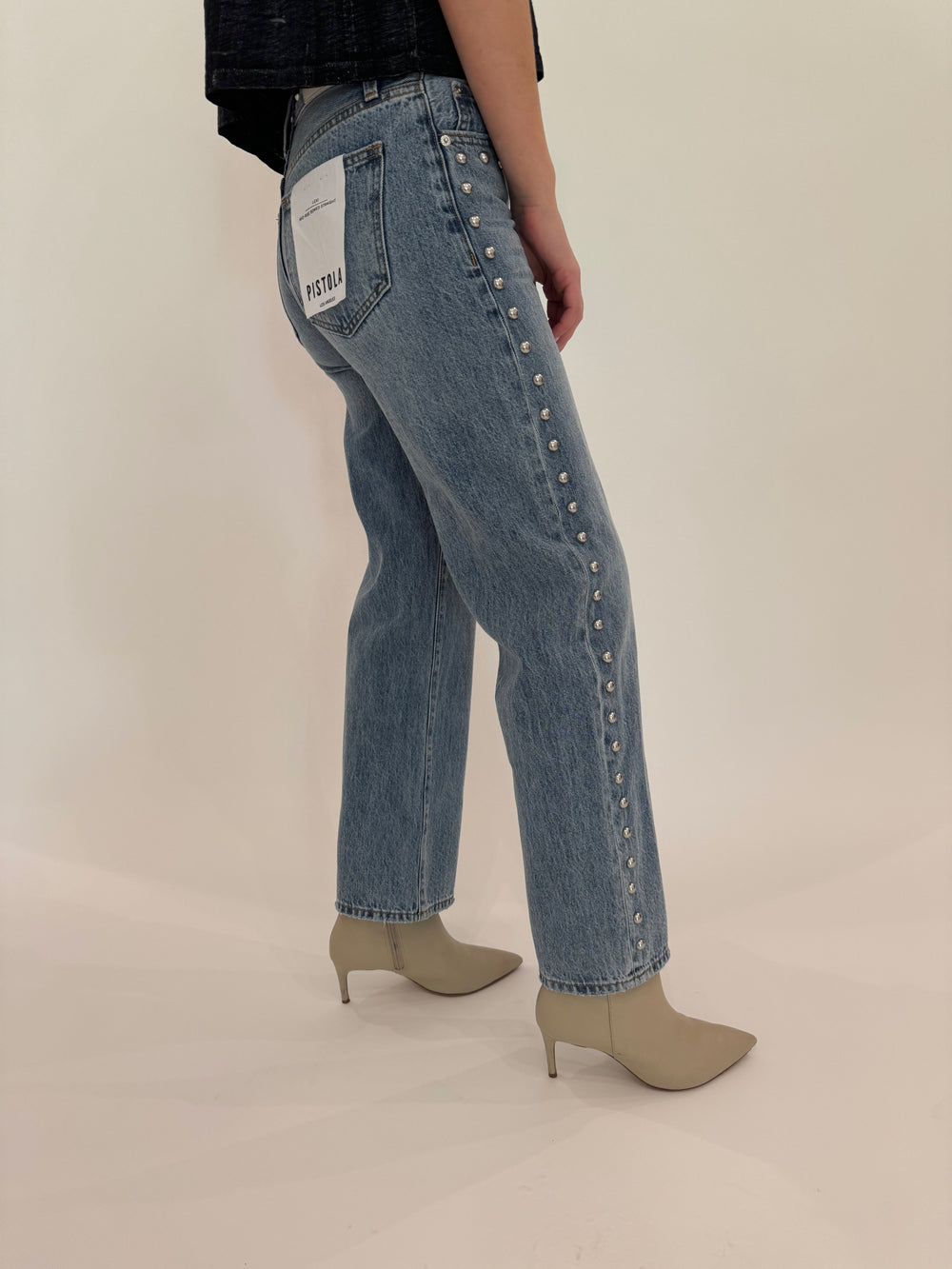 Pistola Lexi Mid Rise Bowed Straight Denim Pants in Satellite available at Barbara Katz