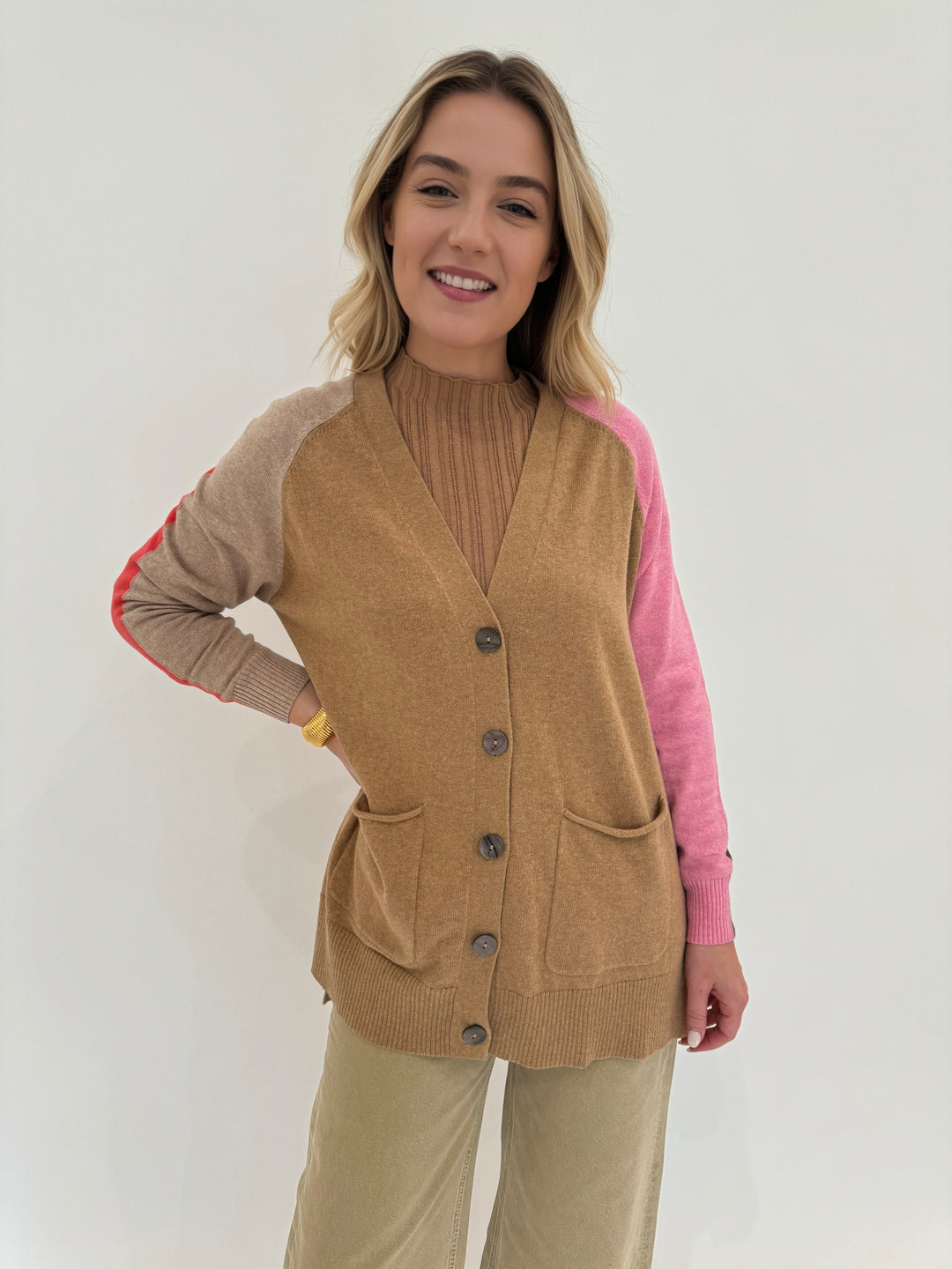 Zaket & Plover College V-Neck Cardigan in Cookie available at Barbara Katz