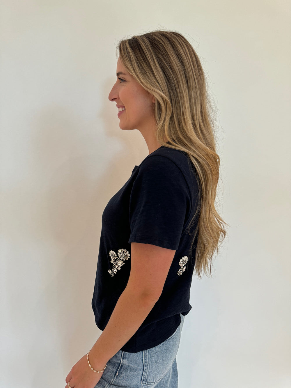 Cinq a Sept Crystal Chrysanthemum T-Shirt in Navy available at Barbara Katz