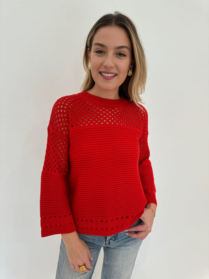 Autumn Cashmere Boxy Crew Sweater With Mesh Yoke in Pimento