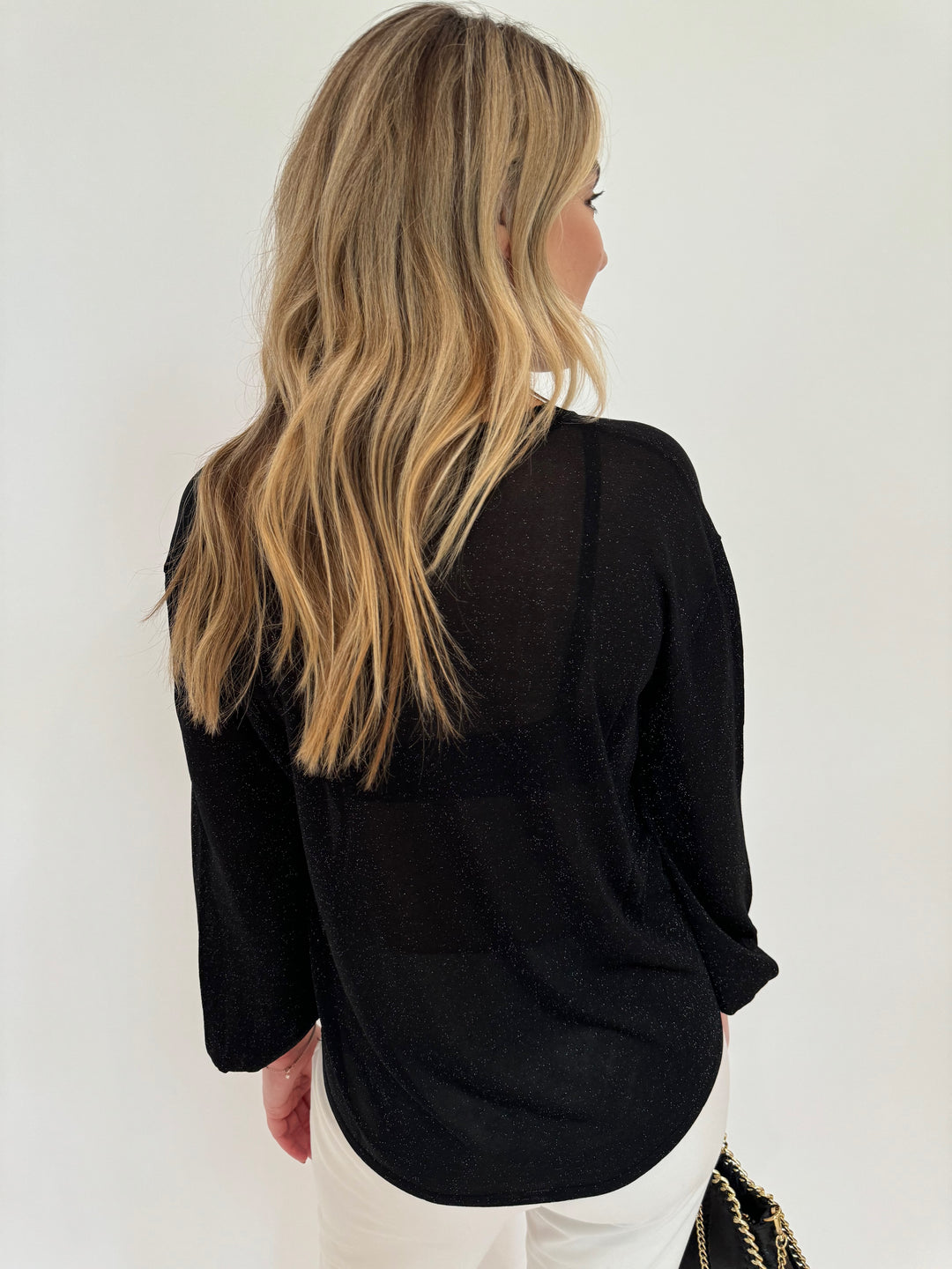 Kinross Shimmer Splitneck Long Sleeve Sweater in Black available at Barbara Katz