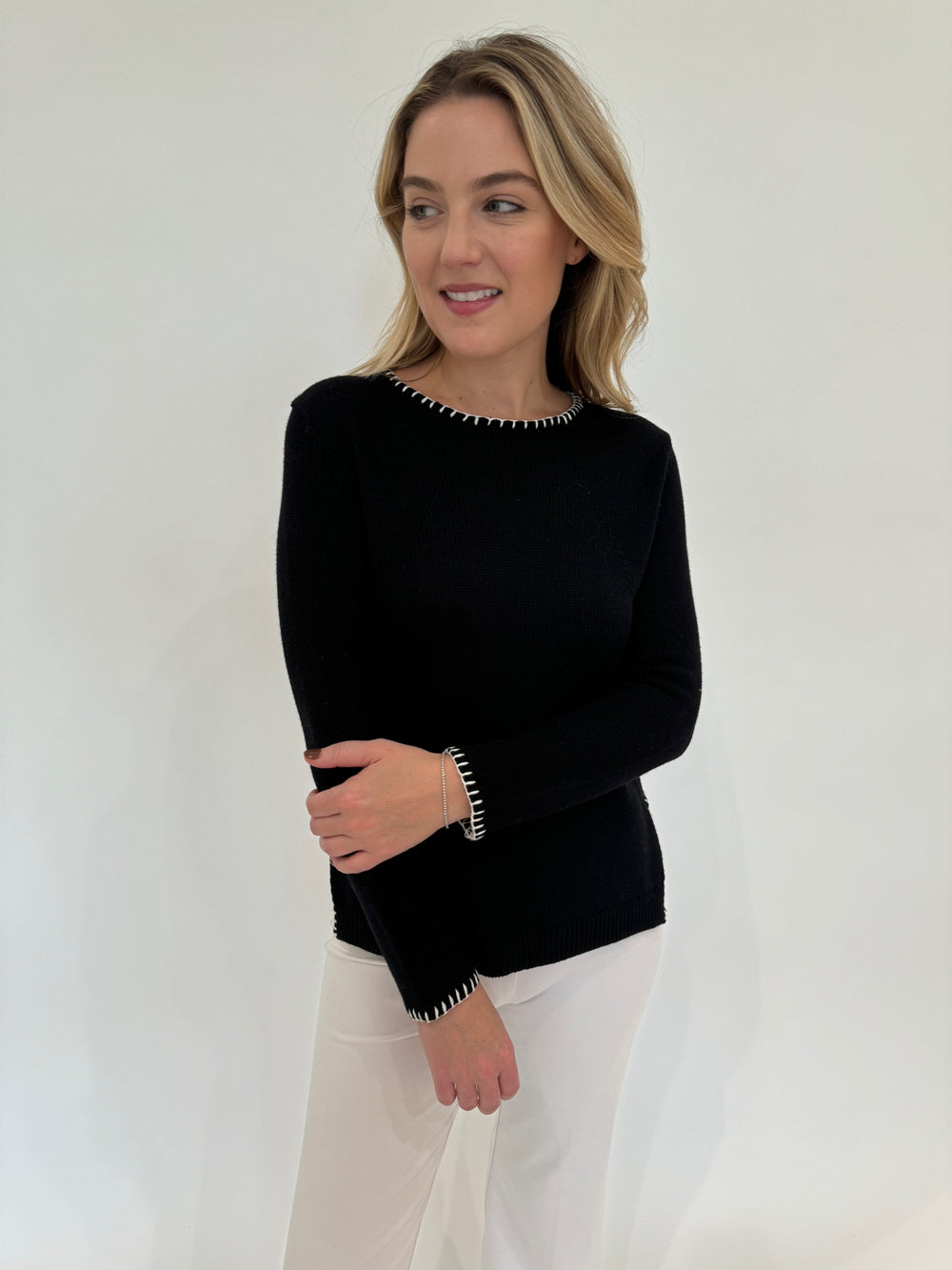 Elliott Lauren Whipstitch Crew Neck Sweater in Black available at Barbara Katz