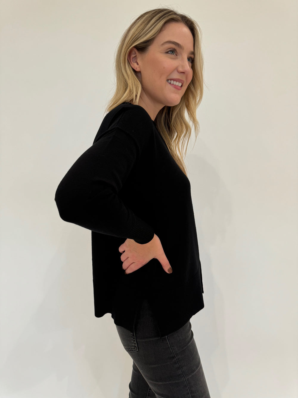 BK Stella Roll Crew Neck Long Sleeve Sweater in Black available at Barbara Katz