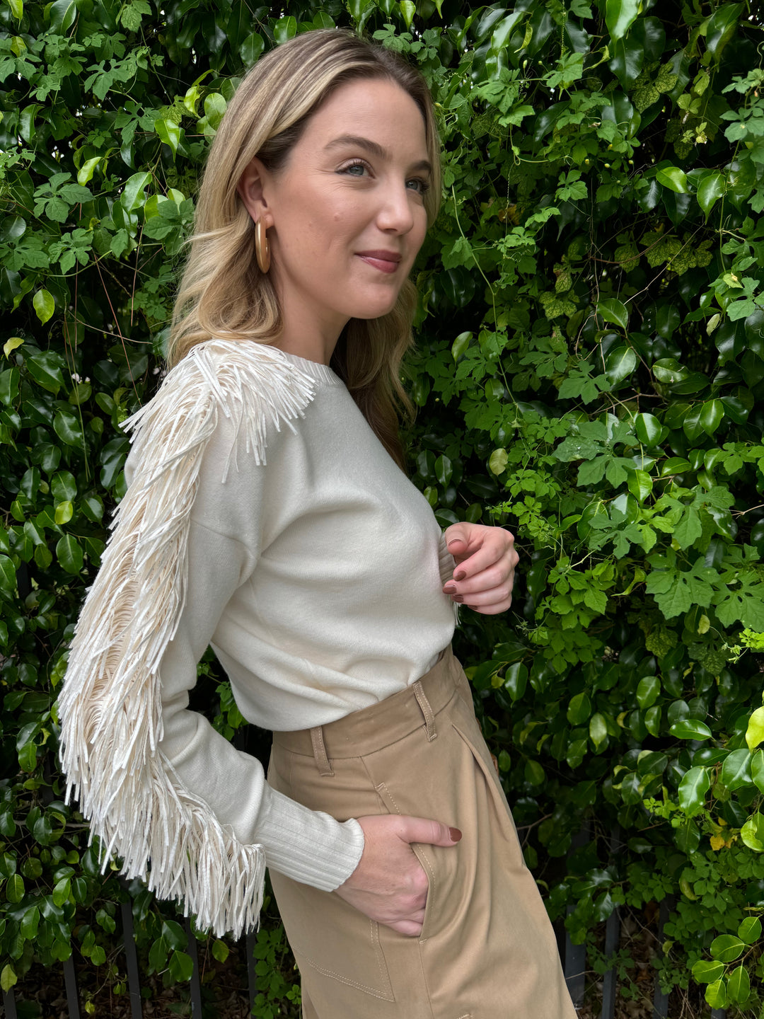 D.Exterior Fringe Sleeve Crew Sweater in Latte available at Barbara Katz