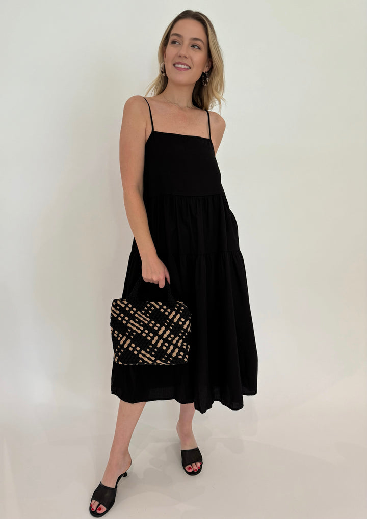 Enza Costa Cool Cotton Strappy Tiered Dress in Black. with Sol and Selene Sky's The Limit Small Tote Bag in Black/Nude