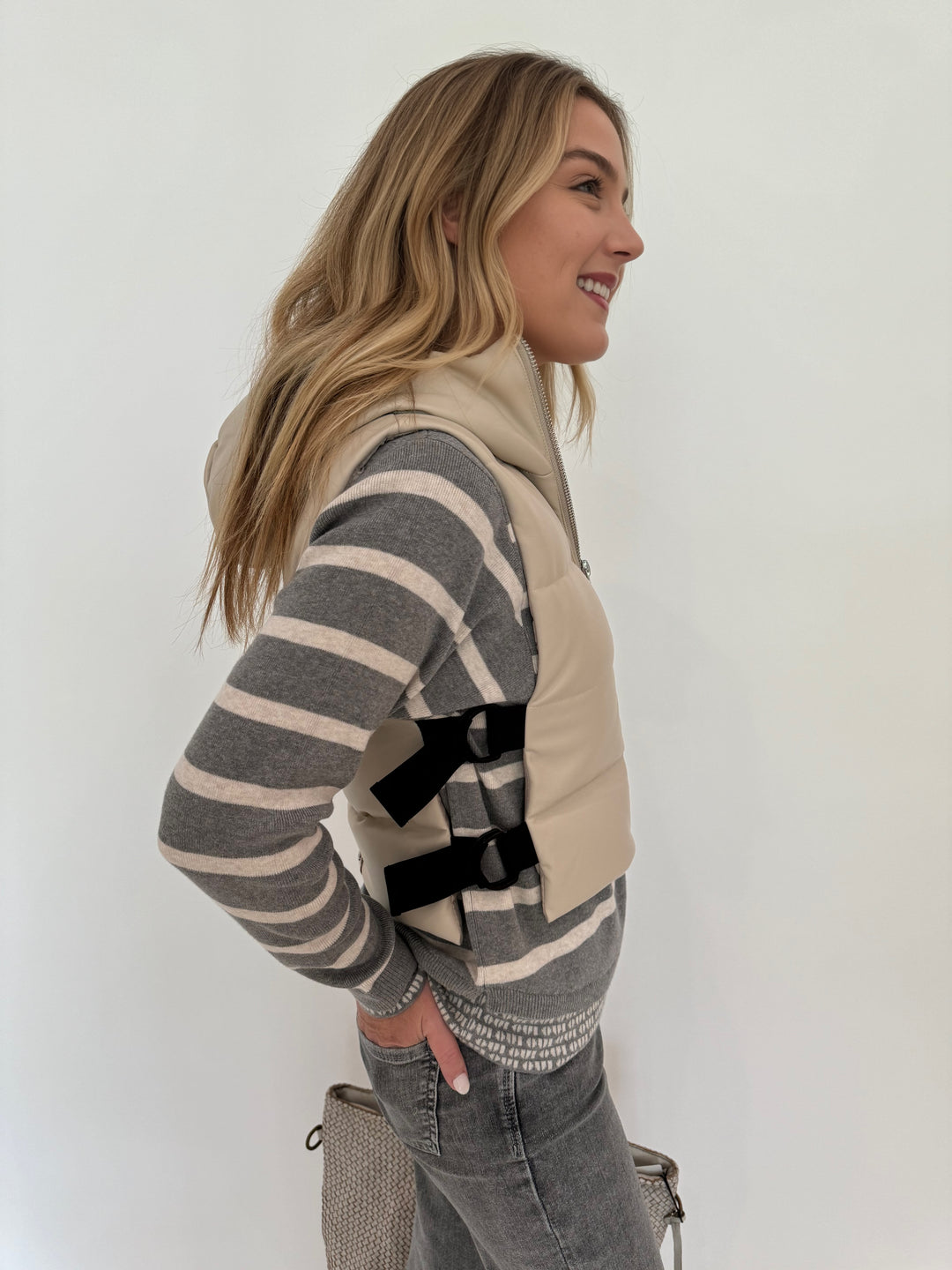 Adroit Atelier Lola Quilted Full Zip Vest in Oak with Oui Grey Striped Sweater underneath available at Barbara Katz