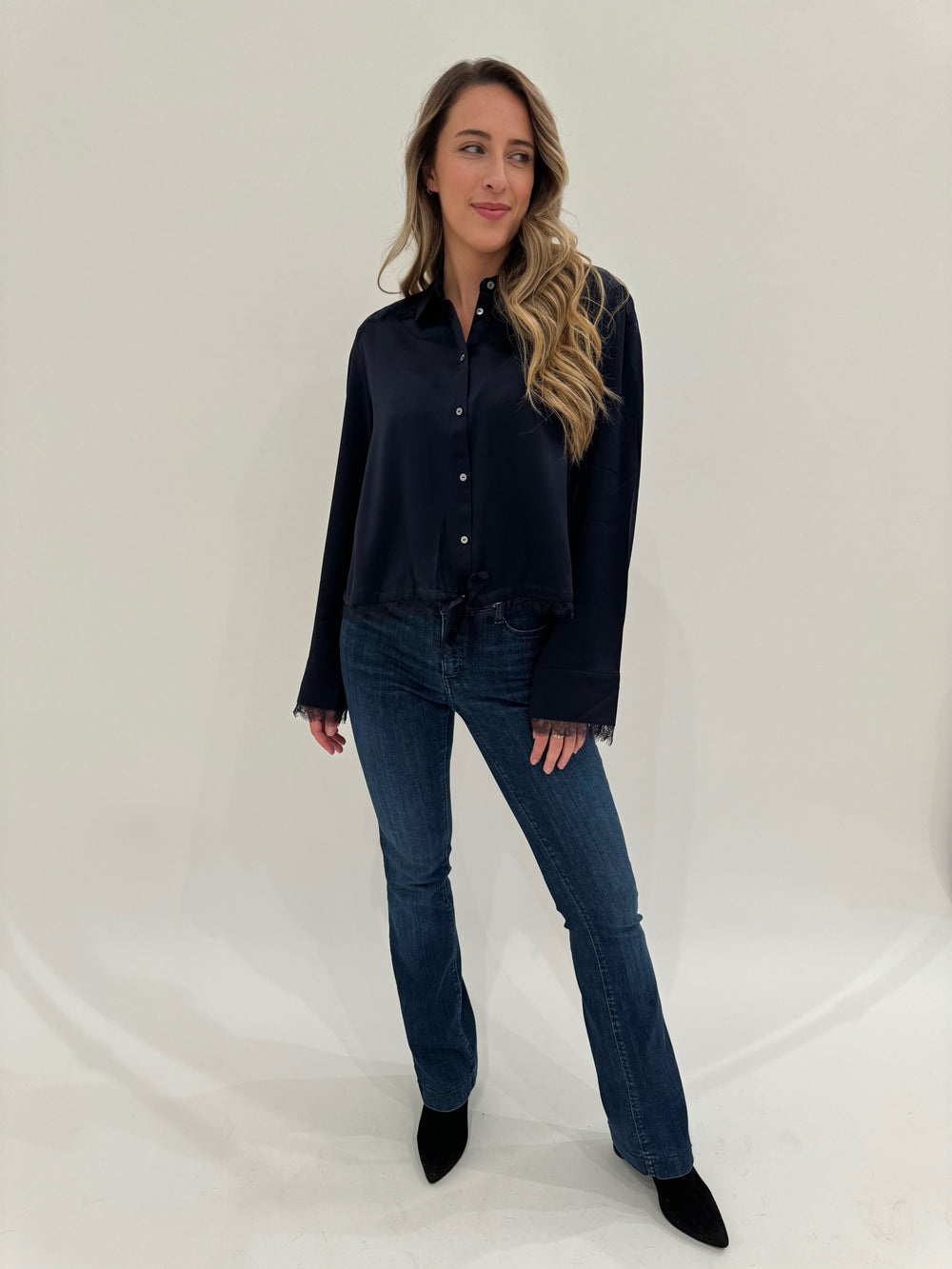 Cinq a Sept Mabyn Silk Top in Navy paired with MAC Denim Dream Boot Jeans in Medium Wash available at Barbara Katz