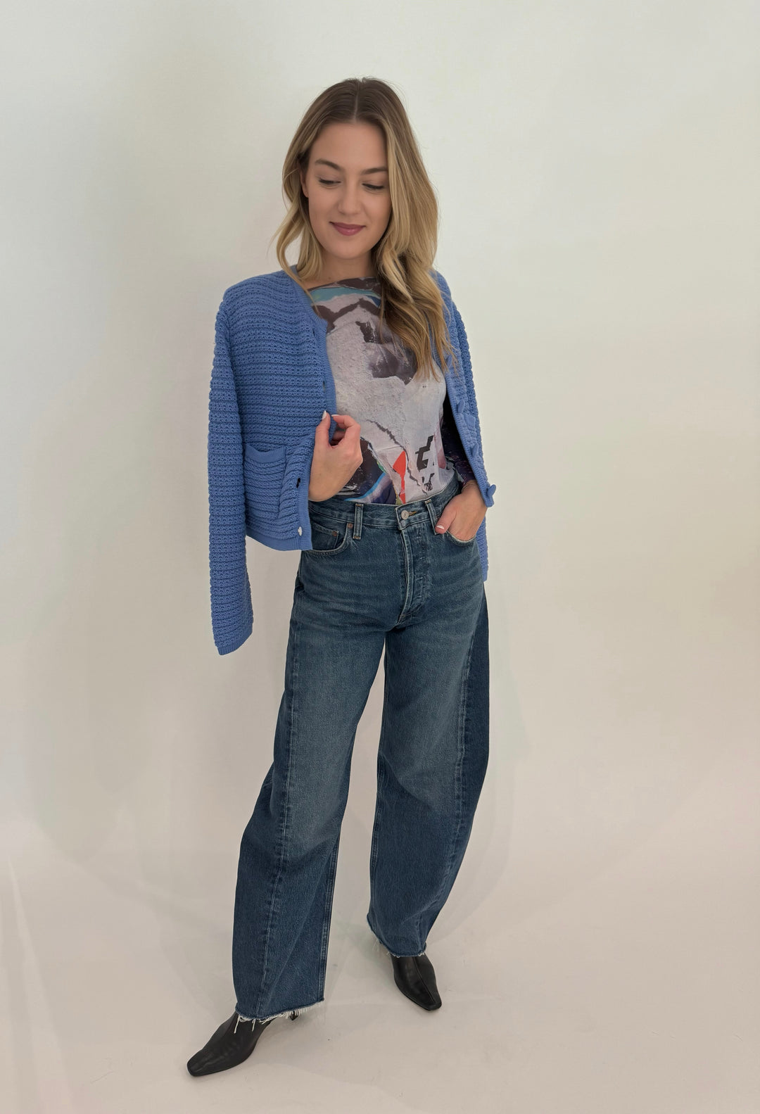 AMB NudiTee Sheer Top in Paper Mache Print paired with Agolde Luna Tapered Jeans and Barbara Katz Lili Chunky Textured Jacket in Blue Wave