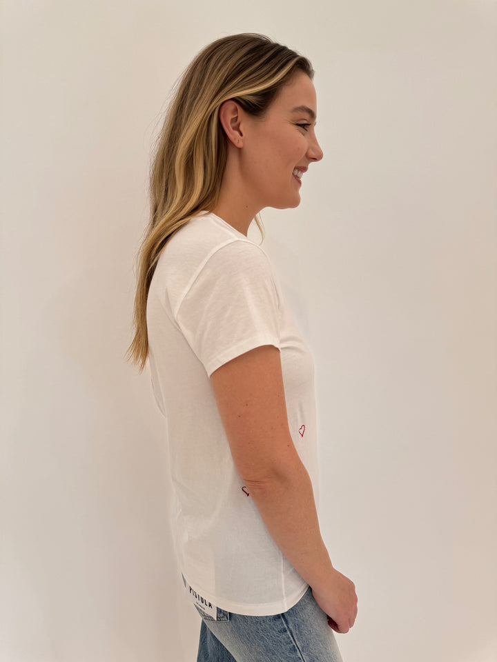 Catherine Gee Cotton T-Shirt with Embroidered Hearts - White