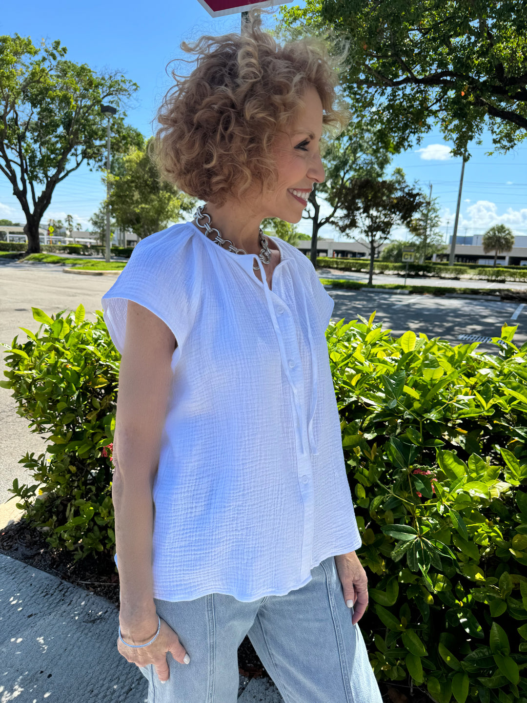 Barbara Katz Maxine Button Drawstring Top - Optic White