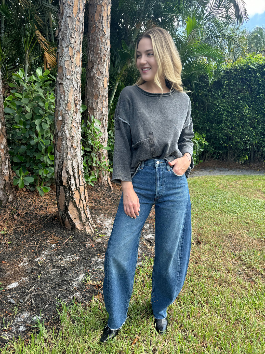 Beau Jours Pauline Top in Black paired with Agolde Luna High Rise Pieced Taper Jeans In Split