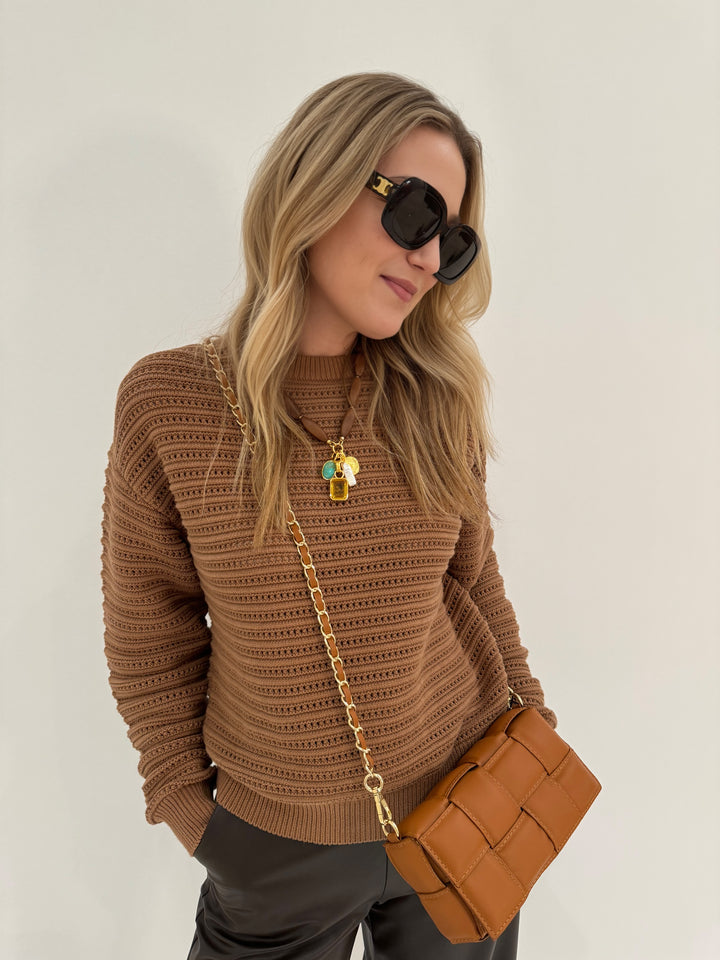 Varley Jarvis Relaxed Sweater in Golden Bronze paired with Max Mara Leisure Struzzo Vegan Leather Pants in Hazelnut, shown with BK Square Weave Leather Crossbody Bag in Camel and Lizzie Fortunato Marilla Necklace - all available at barbarakatzshop.com