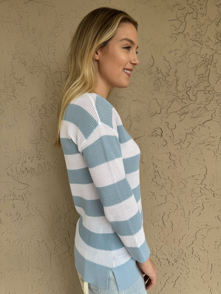 Pure Amici Stripe Slip On Crew Sweater - Cloud