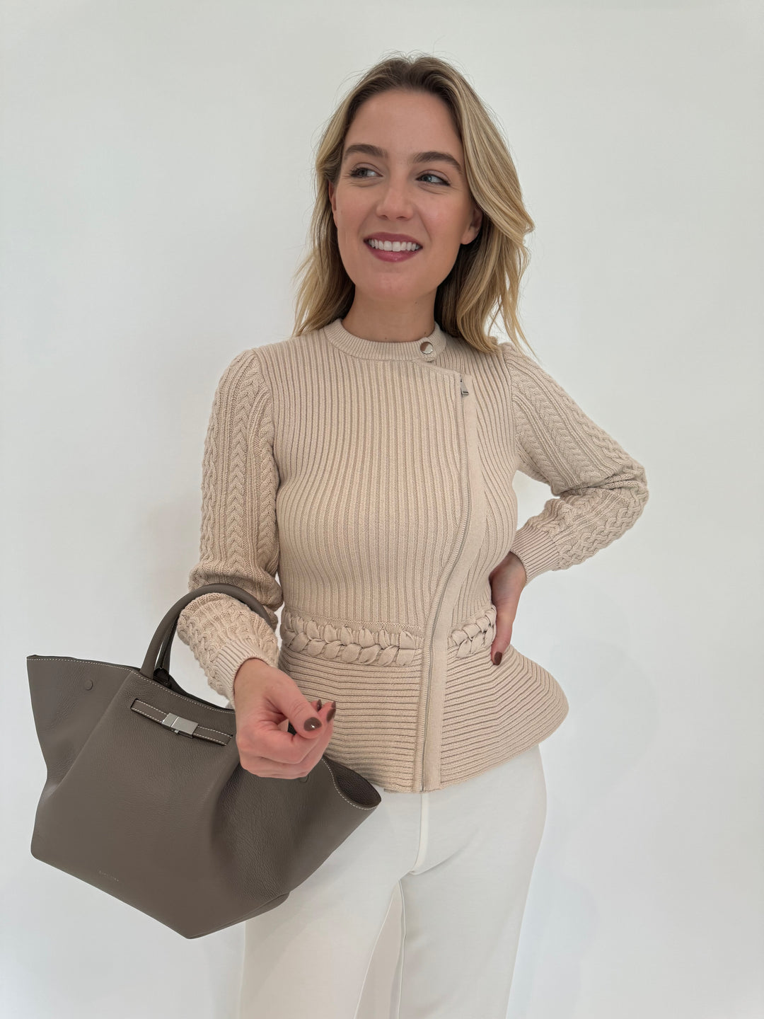 Simkhai Signature Andi Peplum Jacket in Stone with DeMellier The Midi New York Tote Bag in Stone Grey available at Barbara Katz