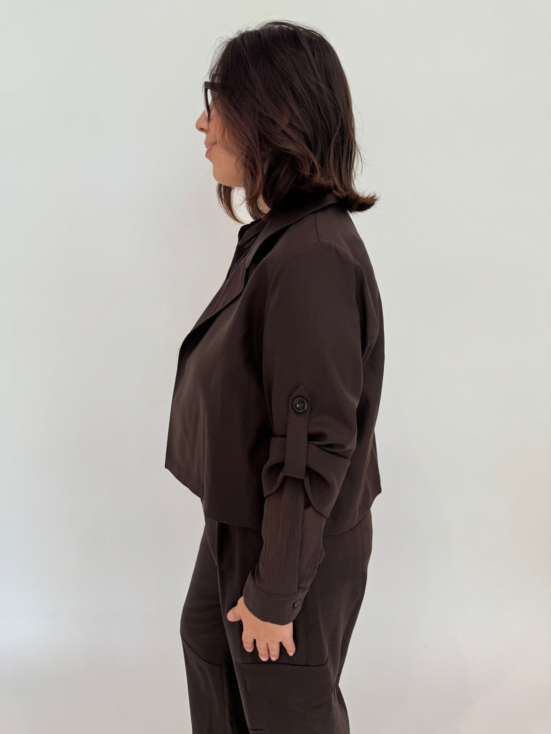 Marella Monochrome Vento Roll-Up Sleeve Jacket in Dark Brown with Orzo Sheer Blouse underneath, paired with Alisso Cargo Pants - all available at Barbara Katz