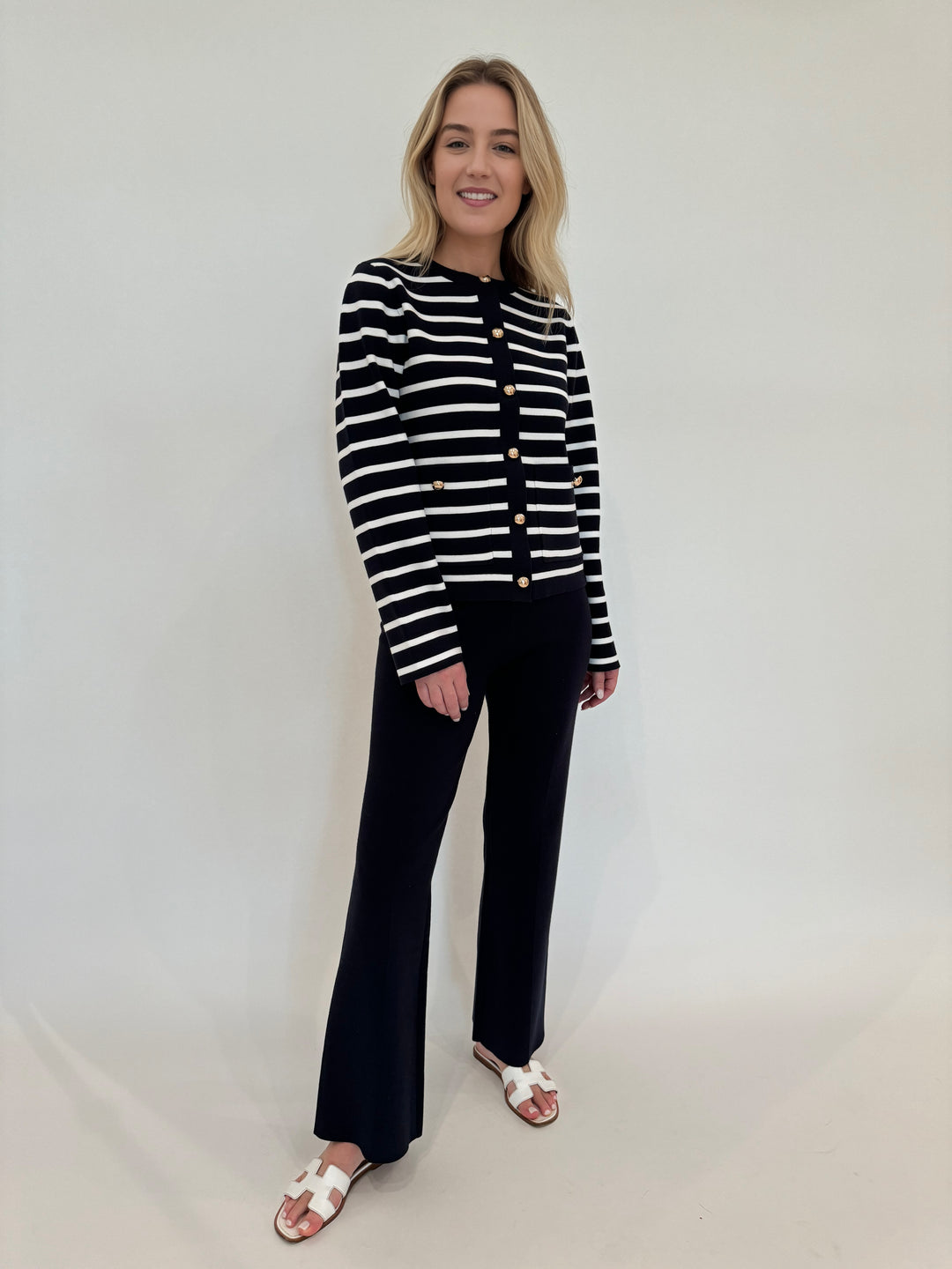 BK Dina Striped Sweater Cardigan in Navy paired with Demi Full-Length Sweater Pants in Navy available at Barbara Katz