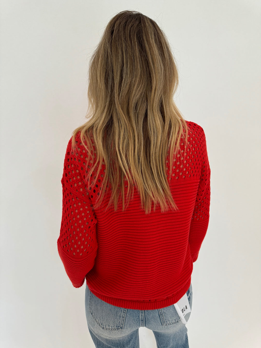 Autumn Cashmere Boxy Crew Sweater With Mesh Yoke in Red