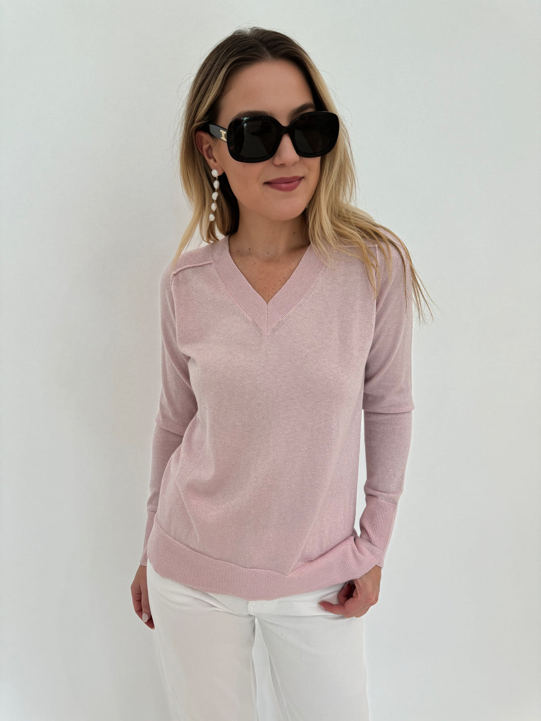 Pure Amici Metallic V-Neck Sweater in Petal 