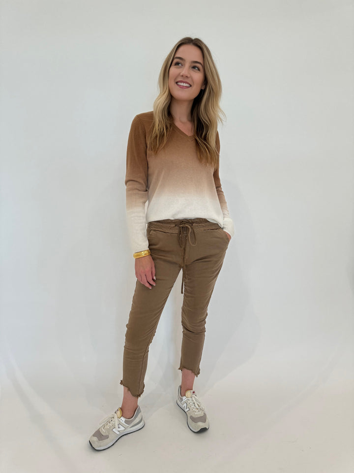 Elliott Lauren Lina Ombre V-Neck Sweater in Latte paired with BK Kylie Distressed Fringe Hem Crinkle Jogger in Camel available at Barbara Katz