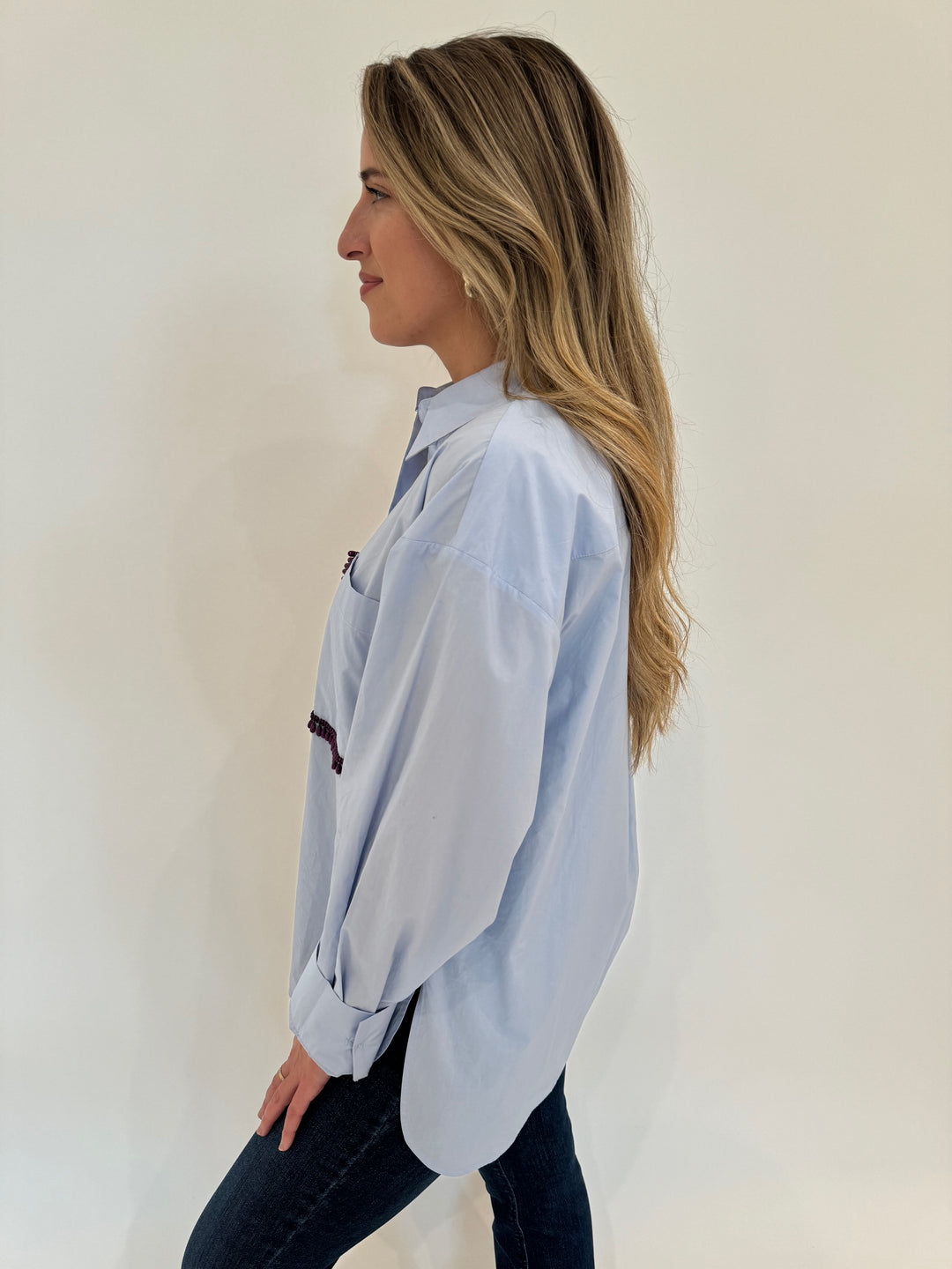 Essentiel Antwerp Get Embellished Long Sleeve Shirt in Inges Kitchen Blue available at Barbara Katz