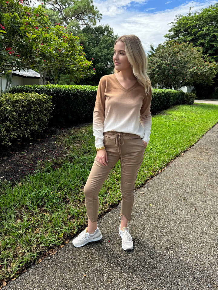 Elliott Lauren Lina Ombre V-Neck Sweater in Latte paired with BK Kylie Distressed Fringe Hem Crinkle Jogger in Camel available at barbarakatzshop.com