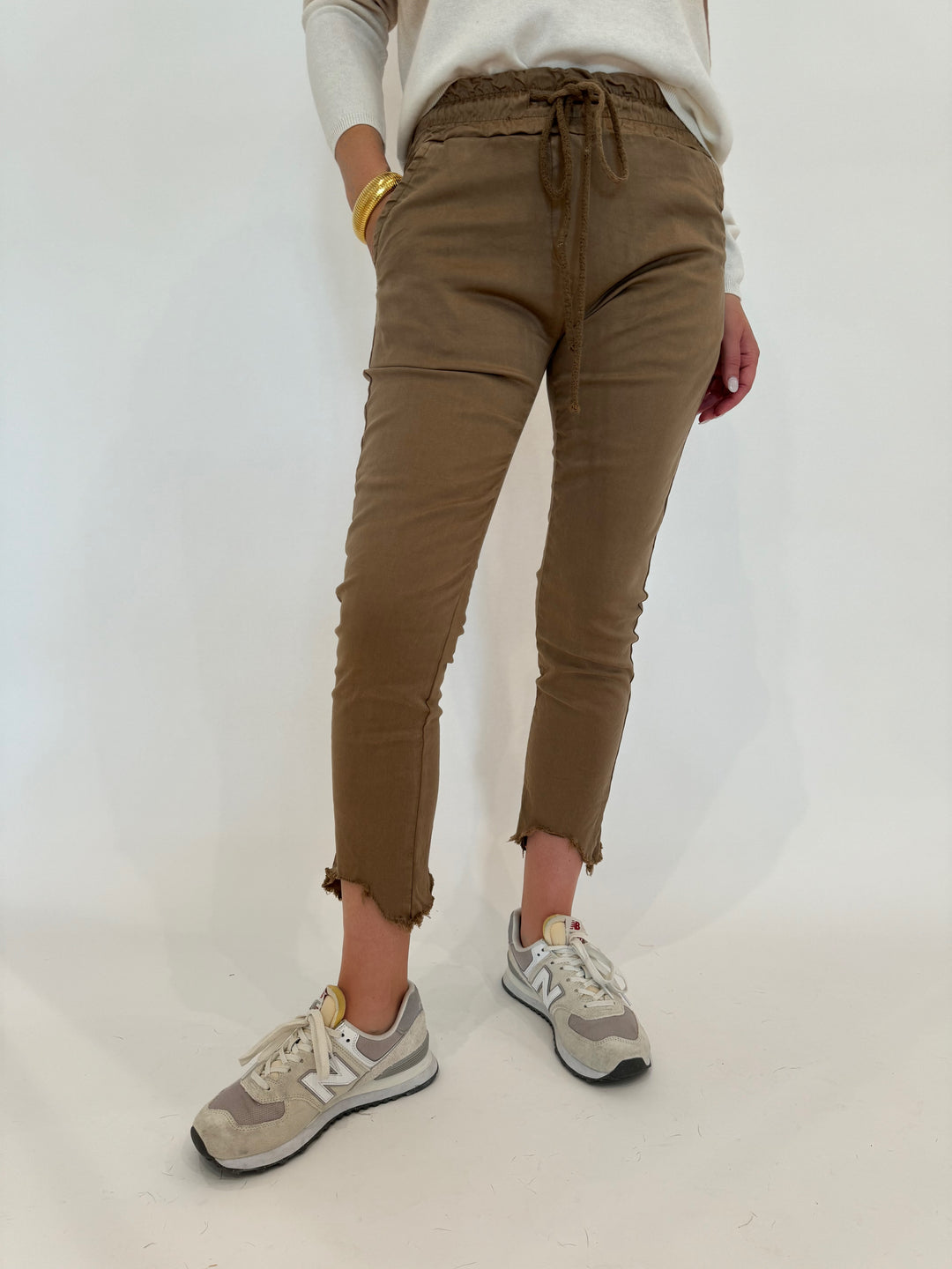 BK Kylie Distressed Fringe Hem Crinkle Jogger in Camel available at Barbara Katz