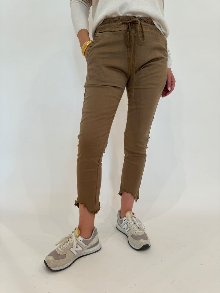 BK Kylie Distressed Fringe Hem Crinkle Jogger in Camel available at Barbara Katz