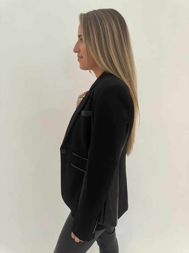 Generation Love Gayle Long Sleeve Vegan Leather Ponte Combo Blazer in Black available at Barbara Katz