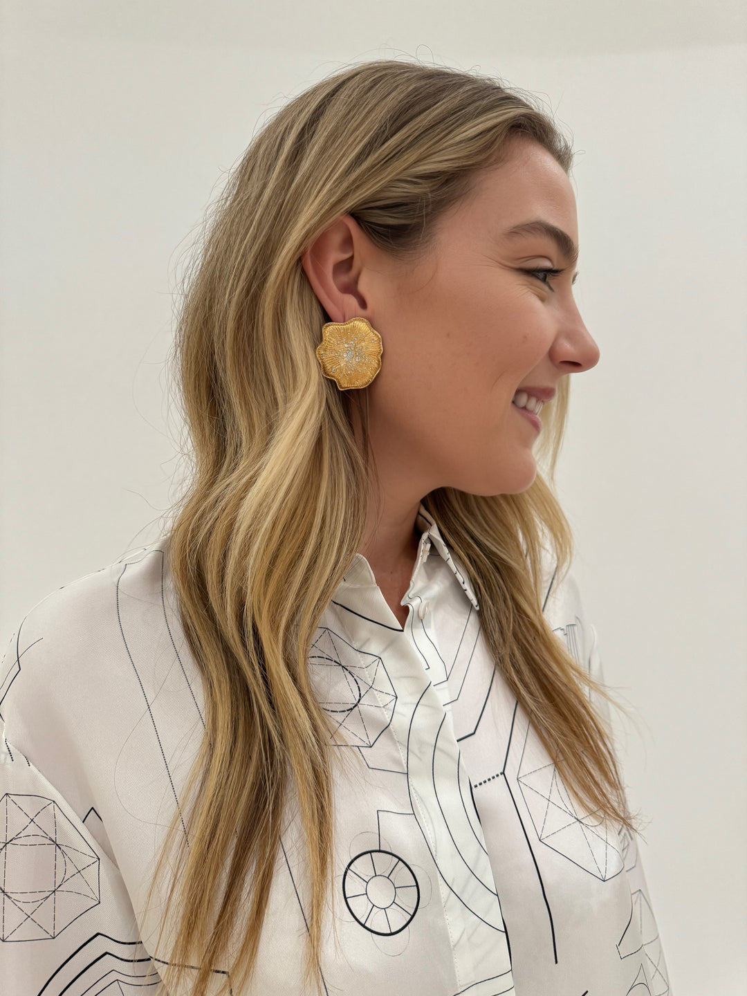 Max Mara Weekend Urna Silk Printed Shirt in White with Mignonne Gavigan Christopher Stud Earrings in Gold available at Barbara Katz