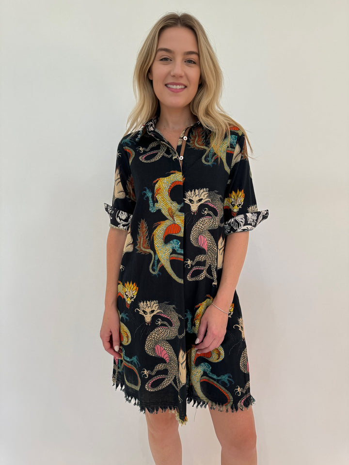 Dizzy-Lizzie Cotton Chatham Dress With Dragon Print in Black available at Barbara Katz