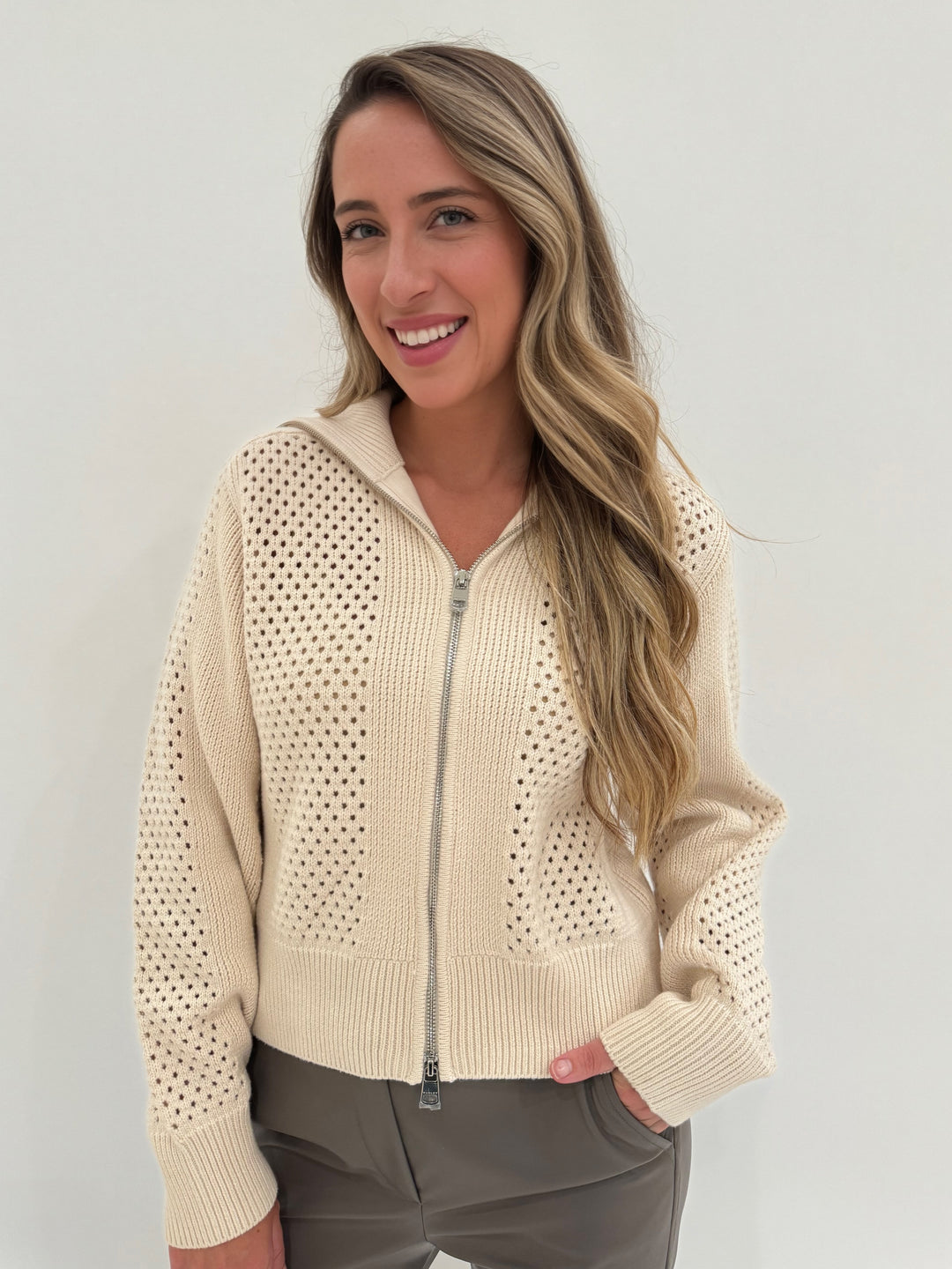 Varley Farina Full-Zip Knit Sweater in Whitecap Grey available at Barbara Katz