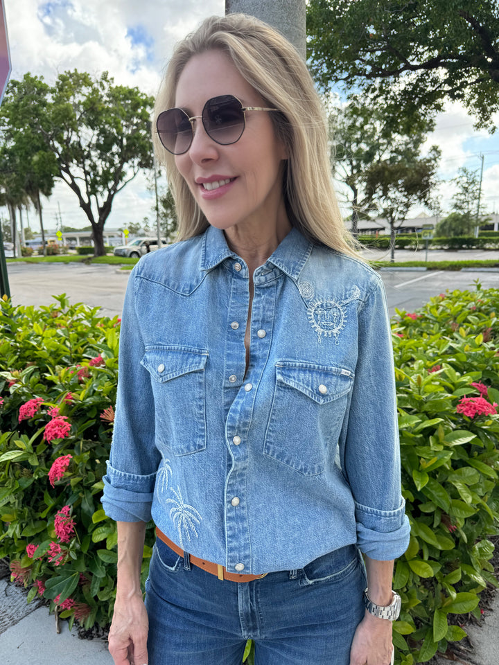 Mother All My Exes Denim Shirt Jacket - Barking Up The Wrong Palm Tree, made from 100% cotton, featuring a point collar, snap-front closure, long sleeves with snap cuffs, dual chest pockets, rounded hem, and classic fit #denimshirt #denimjacket