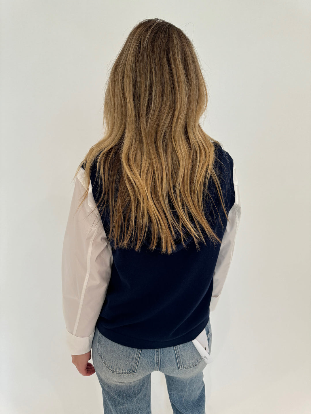 Elliott Lauren Zip Front Hoodie Vest in Ultramarine with Simkhai Renata Cropped Shirt in White underneath